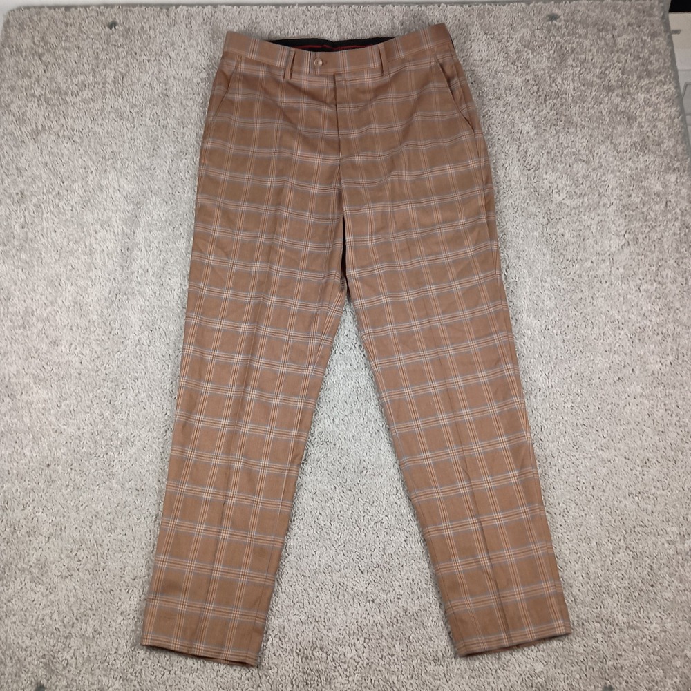 Bocaccio Uomo Dress Pants Mens 32x30 Brown Plaid Excellent Stretch Slim Slacks